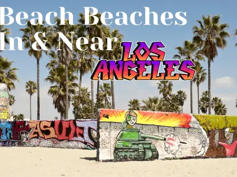 A beach scene with a wall featuring graffiti and a tank mural, palm trees in the background.